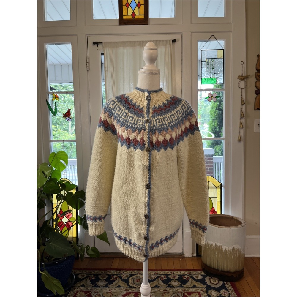 Women's M Ivory Hand Knit Fair Isle Scandinavian Cardigan Sweater Acrylic Wool - Picture 11 of 14